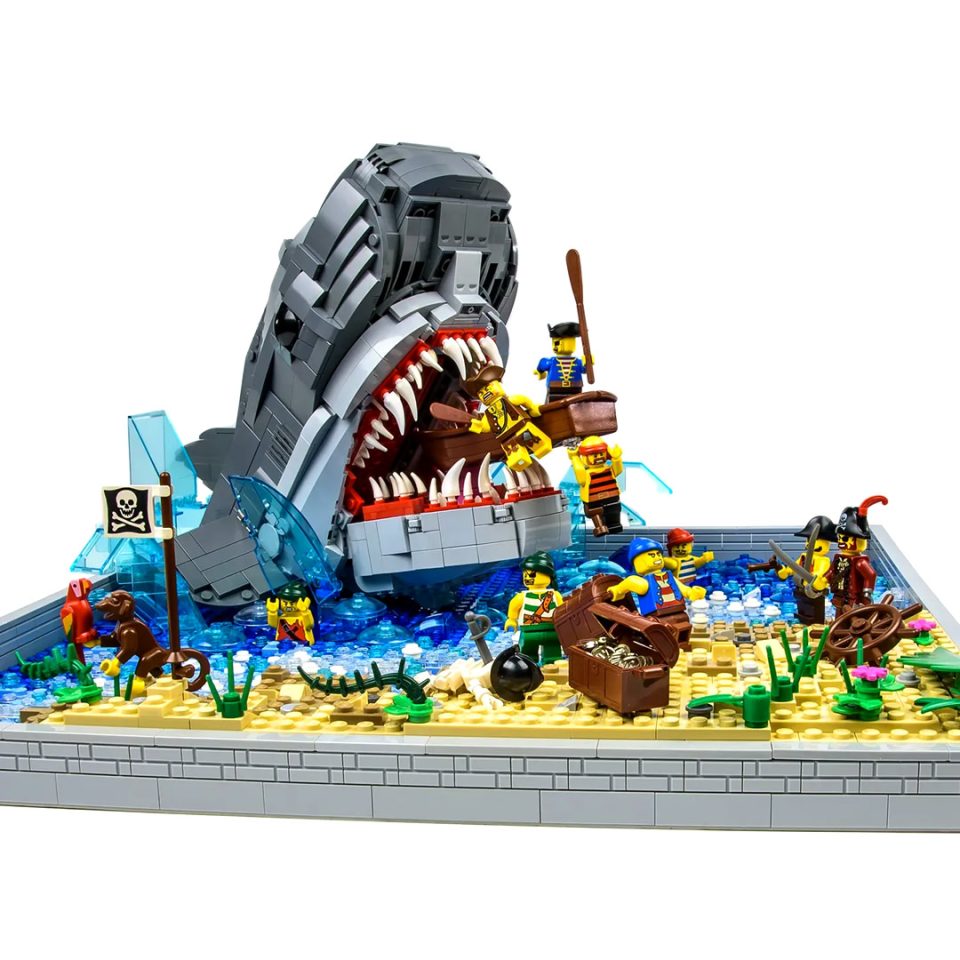 A megalodon causally attacking pirates