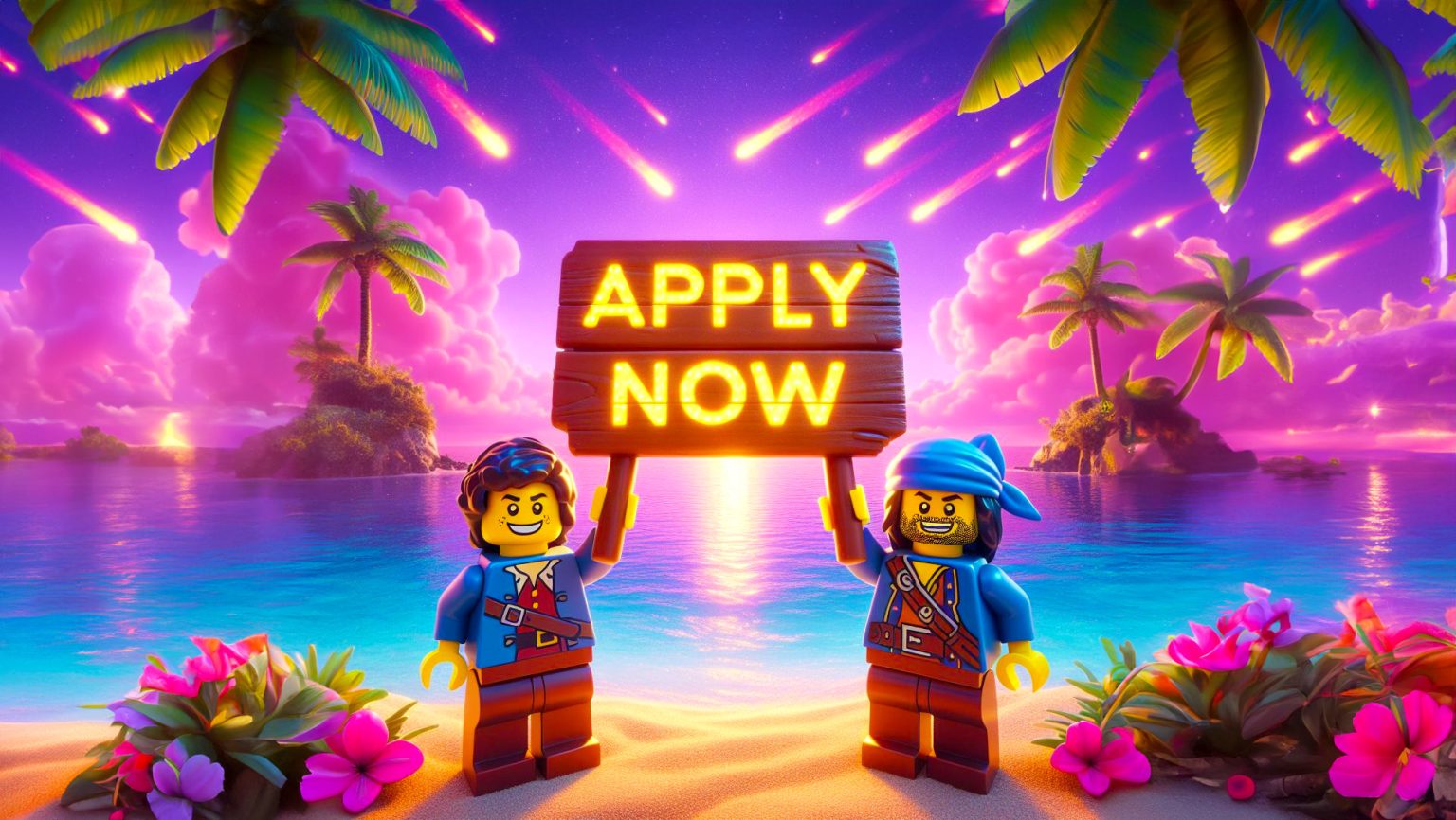 Two LEGO Pirates holding an Apply Now sign under a meteor shower