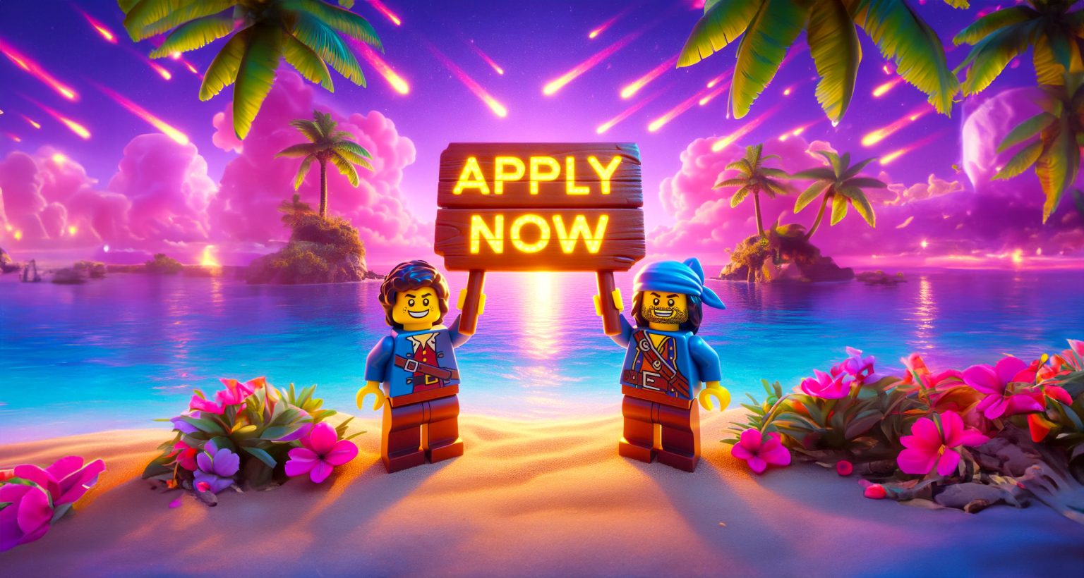 Two LEGO Pirates holding an Apply Now sign under a meteor shower