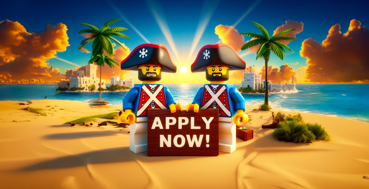 Two LEGO Soldiers holding an Apply Now sign on a beach