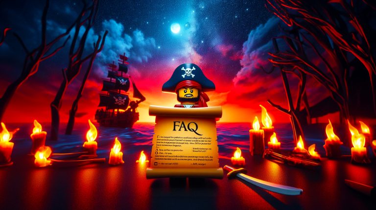 LEGO Pirate holding up a scroll reading FAQ