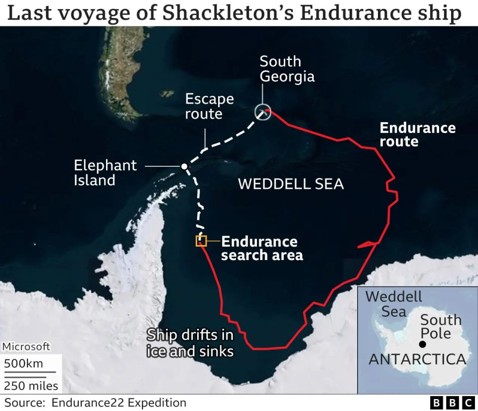 Last voyage of The Endurance - Map of Shackleton Antarctic route
