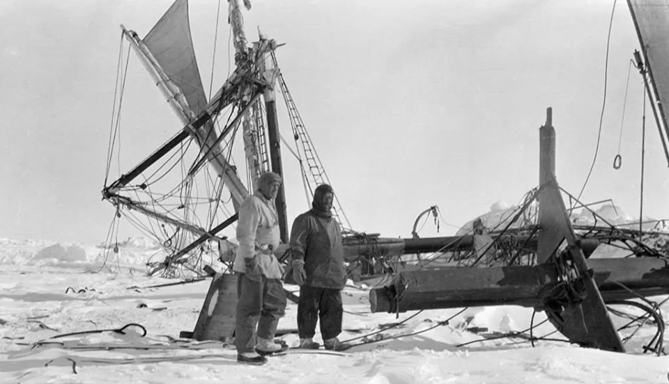 Shackleton inspects the wreckage of The Endurance