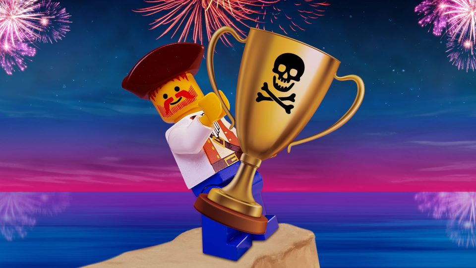 The trophies are actually LEGO sets from LEGO.com