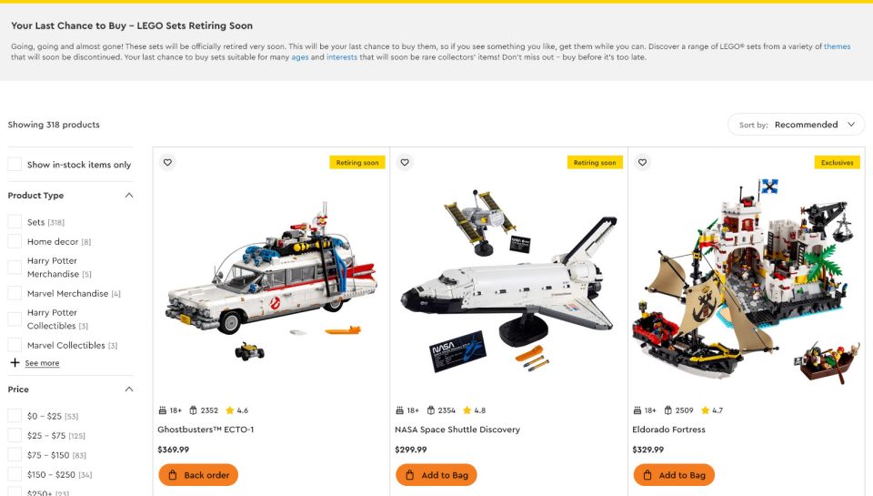 Screenshot of the "Sets Retiring Soon" section on LEGO.com