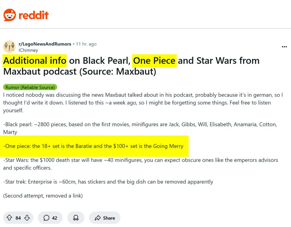 Screenshot of a post on Reddit by lchimney RE: One Piece from Maxbaut podcast /r_LegoNewsAndRumors