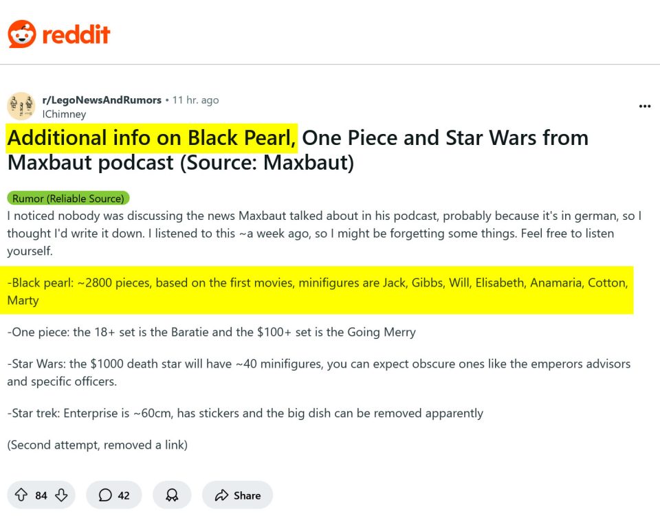 Posted on Reddit /r LegoNewsAndRumors by lchimney - Additional info on Black Pearl from Maxbaut podcast